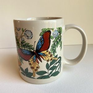 Butterfly garden vintage coffee and tea mug with green foliage and floral design